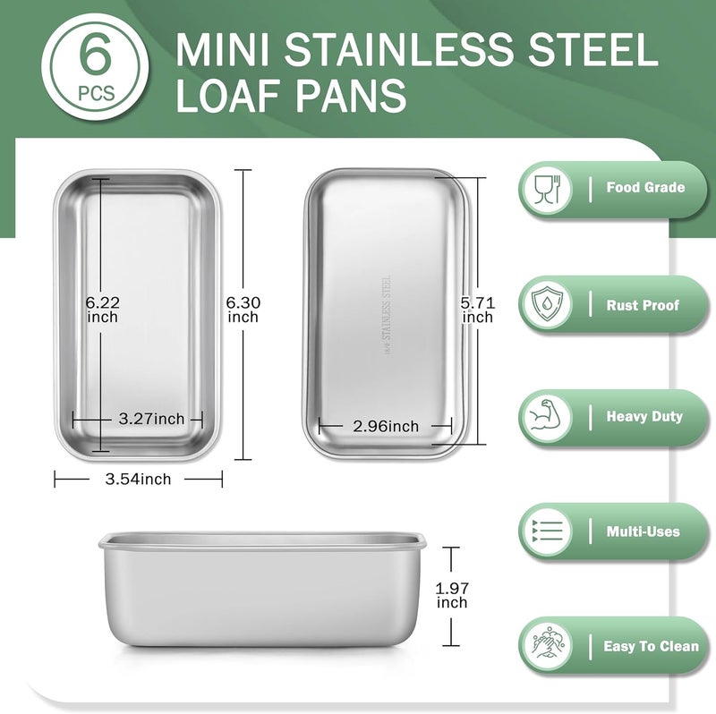 TeamFar Mini Loaf Pan, 6 PCS Stainless Steel Loaf Pans for Baking Bread, 6.3 x 3.5 Inch Bread Baking Pan for Homemade Bread, Meatloaf, Cake and Brownies, Non-Toxic, Oven & Dishwasher Safe - Image 2